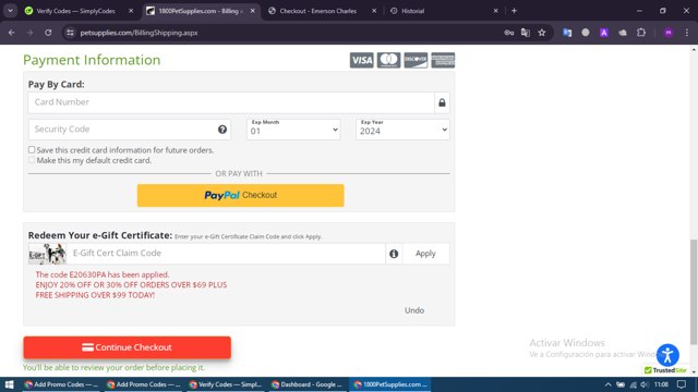 1800PetSupplies.com checkout page showing 1800PetSupplies.com promo code box | Screenshot taken by SimplyCodes community member on Jul 28, 2024