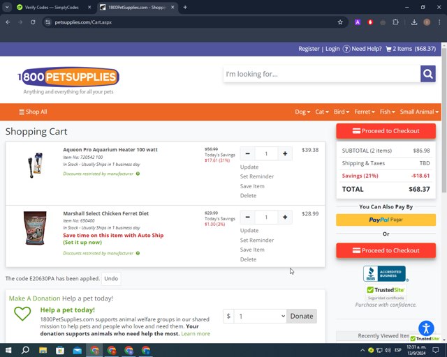 1800PetSupplies.com checkout page showing 1800PetSupplies.com promo code box | Screenshot taken by SimplyCodes community member on Sep 13, 2024