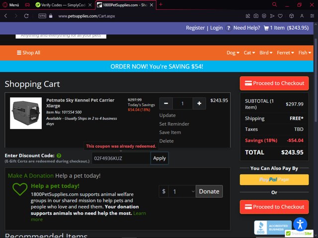 1800PetSupplies.com checkout page showing 1800PetSupplies.com promo code box | Screenshot taken by SimplyCodes community member on Oct 1, 2024