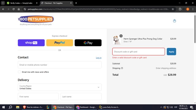 1800PetSupplies.com checkout page showing 1800PetSupplies.com promo code box | Screenshot taken by SimplyCodes community member on Apr 7, 2025