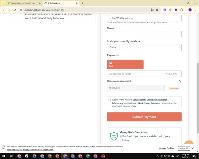 Pettable checkout page showing Pettable coupon code box | Screenshot taken by SimplyCodes community member on Mar 10, 2025