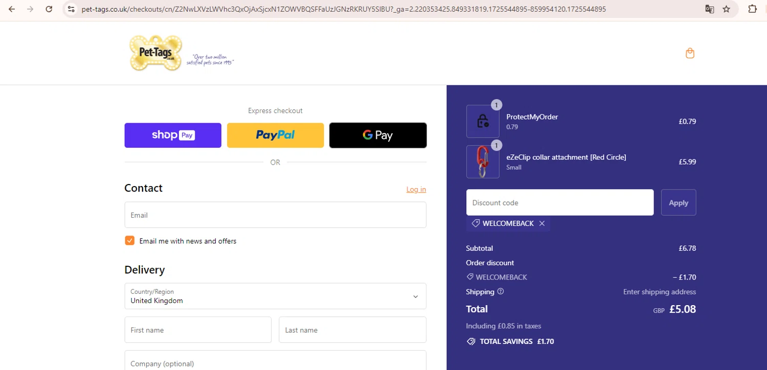 Pet-Tags.com checkout page showing Pet-Tags.com promo code box | Screenshot taken by SimplyCodes community member on Sep 5, 2024