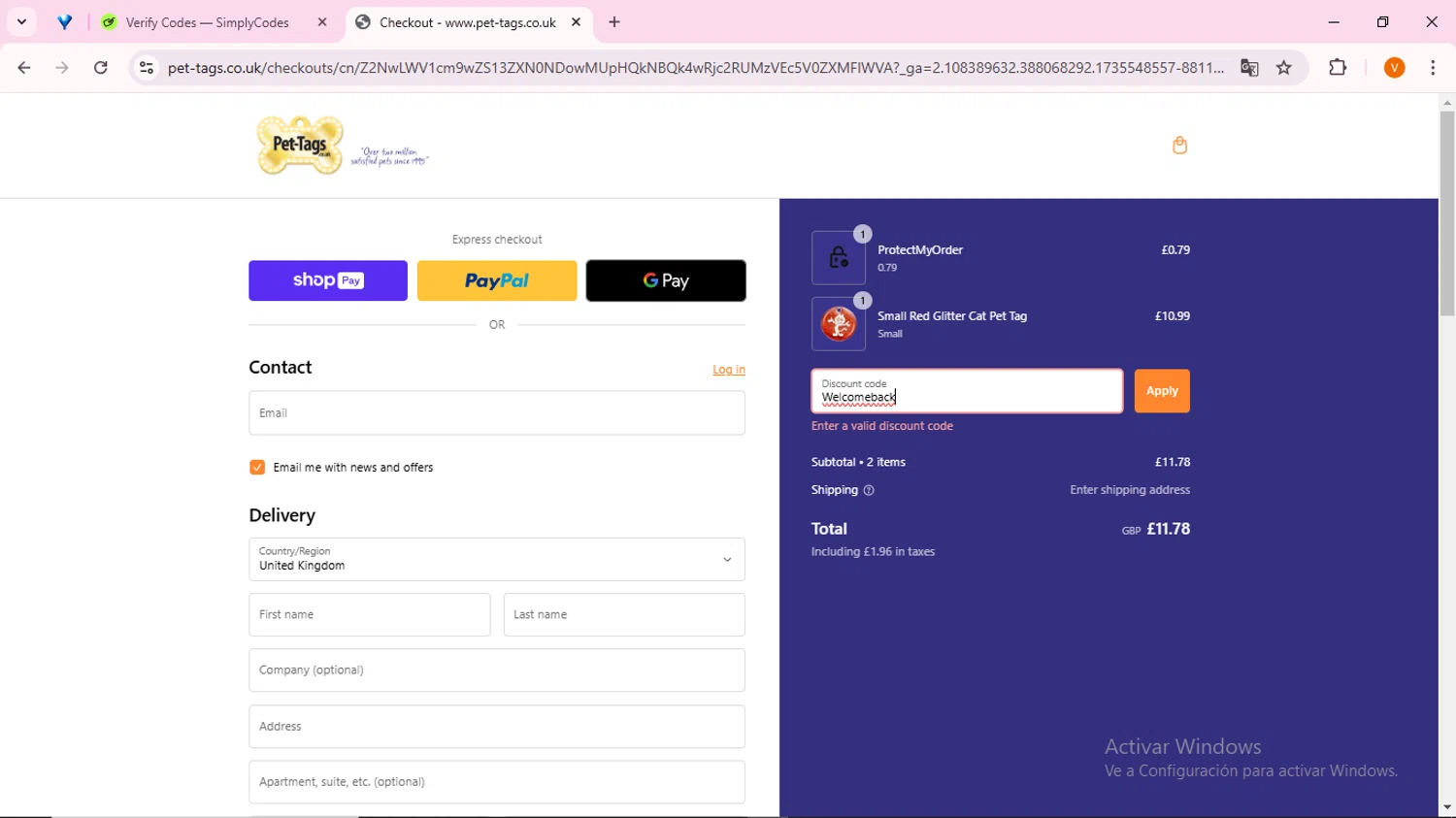 Pet-Tags.com promo code screenshot showing code Welcomeback applied at Pet-Tags.com checkout page. Uploaded by SimplyCodes community member FortunateFinder9465 on Dec 30, 2024