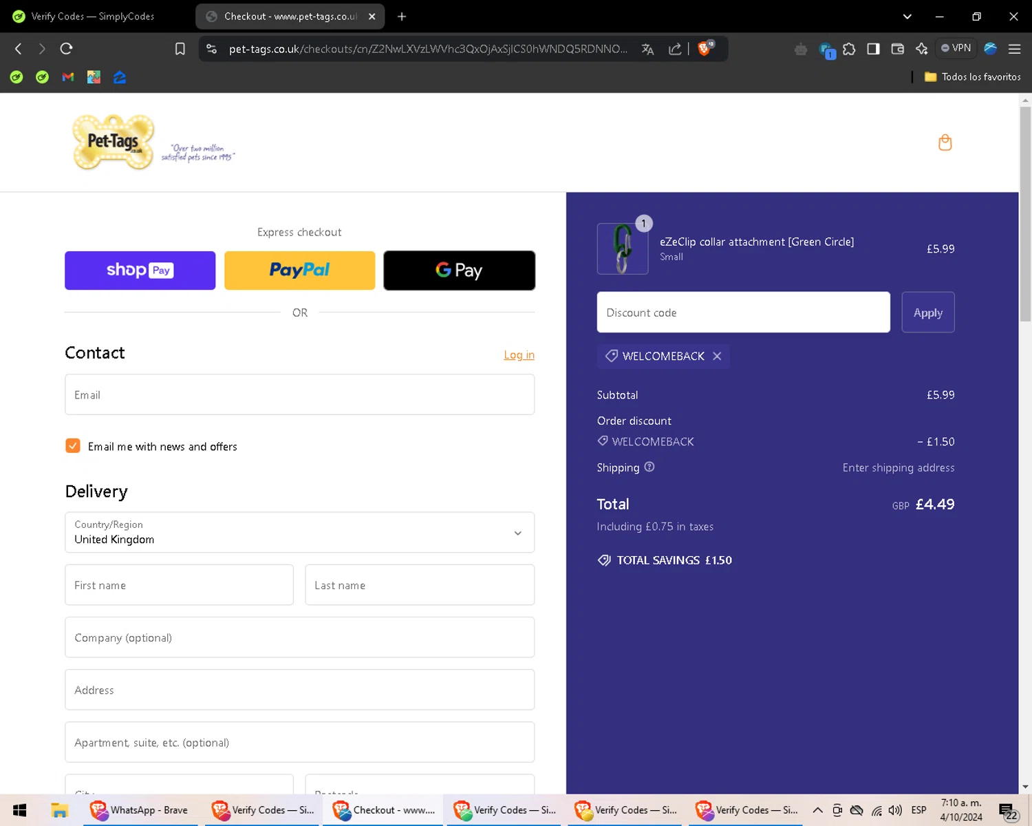 Pet-Tags.com checkout page showing Pet-Tags.com promo code box | Screenshot taken by SimplyCodes community member on Oct 4, 2024