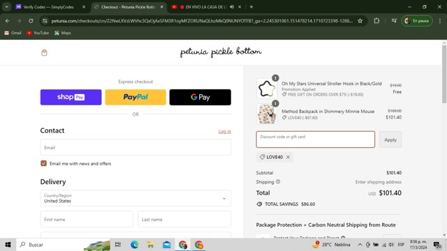 Petunia Pickle Bottom checkout page showing Petunia Pickle Bottom discount code box | Screenshot taken by SimplyCodes community member on Mar 18, 2024