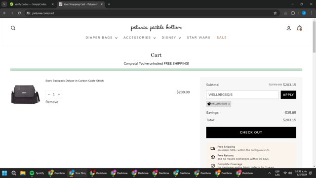 Petunia Pickle Bottom checkout page showing Petunia Pickle Bottom discount code box | Screenshot taken by SimplyCodes community member on May 6, 2024