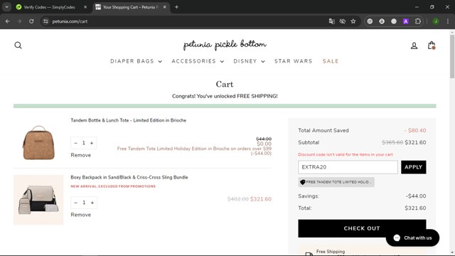 Petunia Pickle Bottom checkout page showing Petunia Pickle Bottom discount code box | Screenshot taken by SimplyCodes community member on Jul 12, 2024