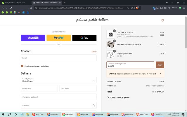 Petunia Pickle Bottom checkout page showing Petunia Pickle Bottom discount code box | Screenshot taken by SimplyCodes community member on Dec 26, 2024
