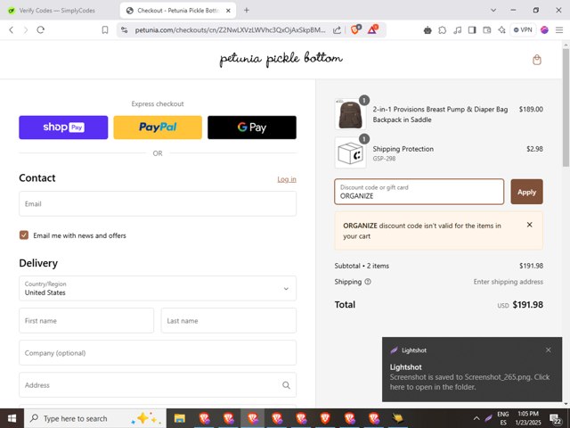 Petunia Pickle Bottom checkout page showing Petunia Pickle Bottom discount code box | Screenshot taken by SimplyCodes community member on Jan 23, 2025