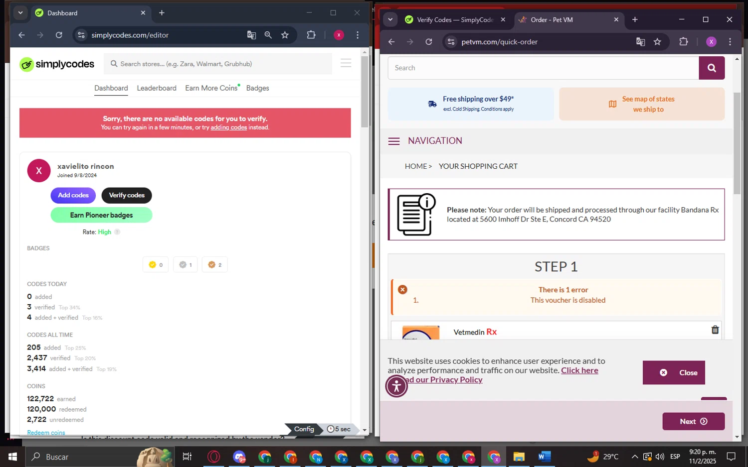 Pet VM promo code screenshot showing code maxx applied at Pet VM checkout page. Uploaded by SimplyCodes community member CashChaser8387 on Feb 12, 2025