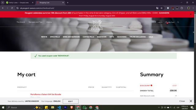 Peugeot checkout page showing Peugeot promo code box | Screenshot taken by SimplyCodes community member on Aug 3, 2025