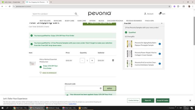 Pevonia checkout page showing Pevonia promo code box | Screenshot taken by SimplyCodes community member on Aug 13, 2025