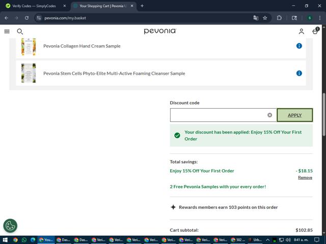 Pevonia checkout page showing Pevonia promo code box | Screenshot taken by SimplyCodes community member on Jul 15, 2025