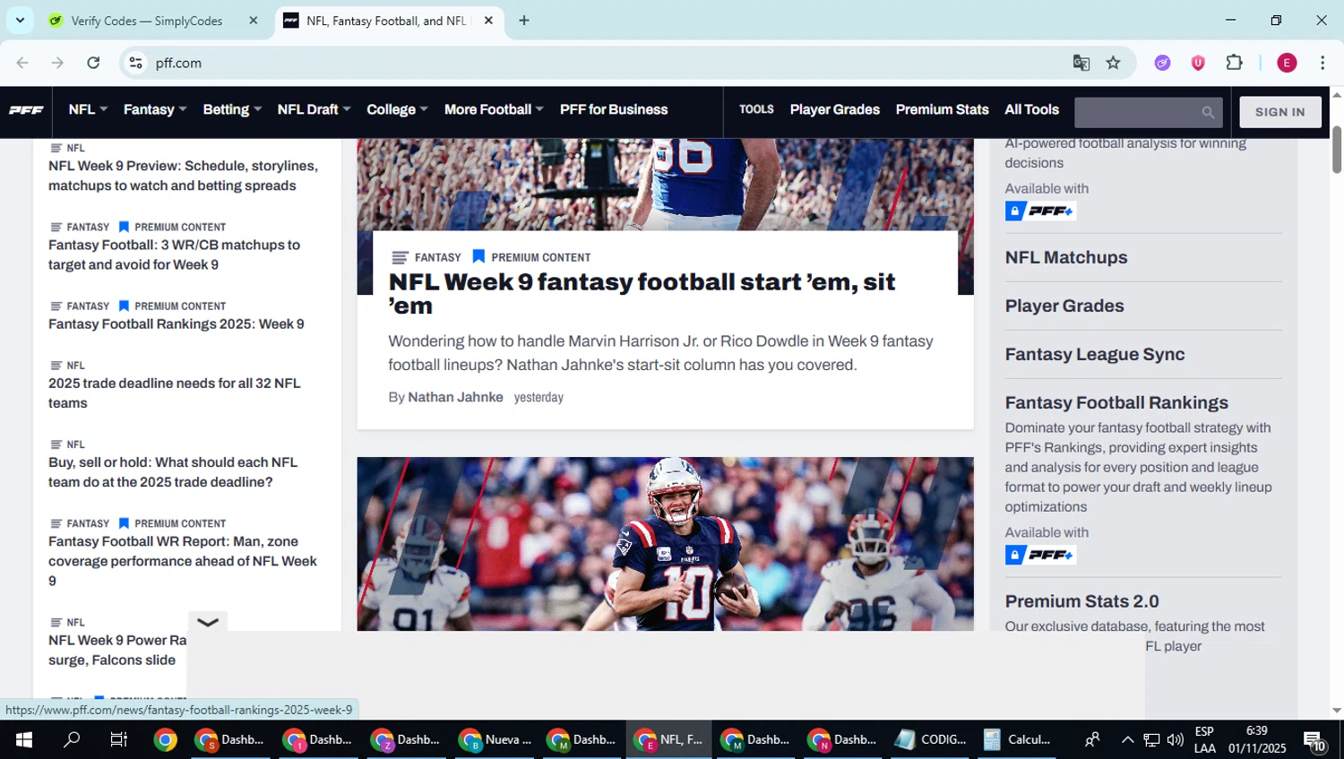 Pro Football Focus promo code screenshot showing code KICKOFF25 applied at Pro Football Focus checkout page. Uploaded by SimplyCodes community member BrilliantWhiz4434 on Nov 1, 2025
