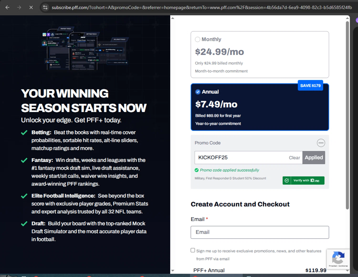 Pro Football Focus promo code screenshot showing code KICKOFF25 applied at Pro Football Focus checkout page. Uploaded by SimplyCodes community member CoinGuardian4017 on Oct 22, 2025