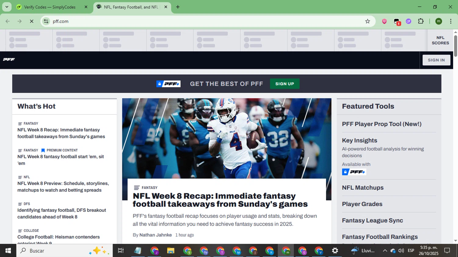 Pro Football Focus promo code screenshot showing code KICKOFF25 applied at Pro Football Focus checkout page. Uploaded by SimplyCodes community member CoinSage7057 on Oct 26, 2025