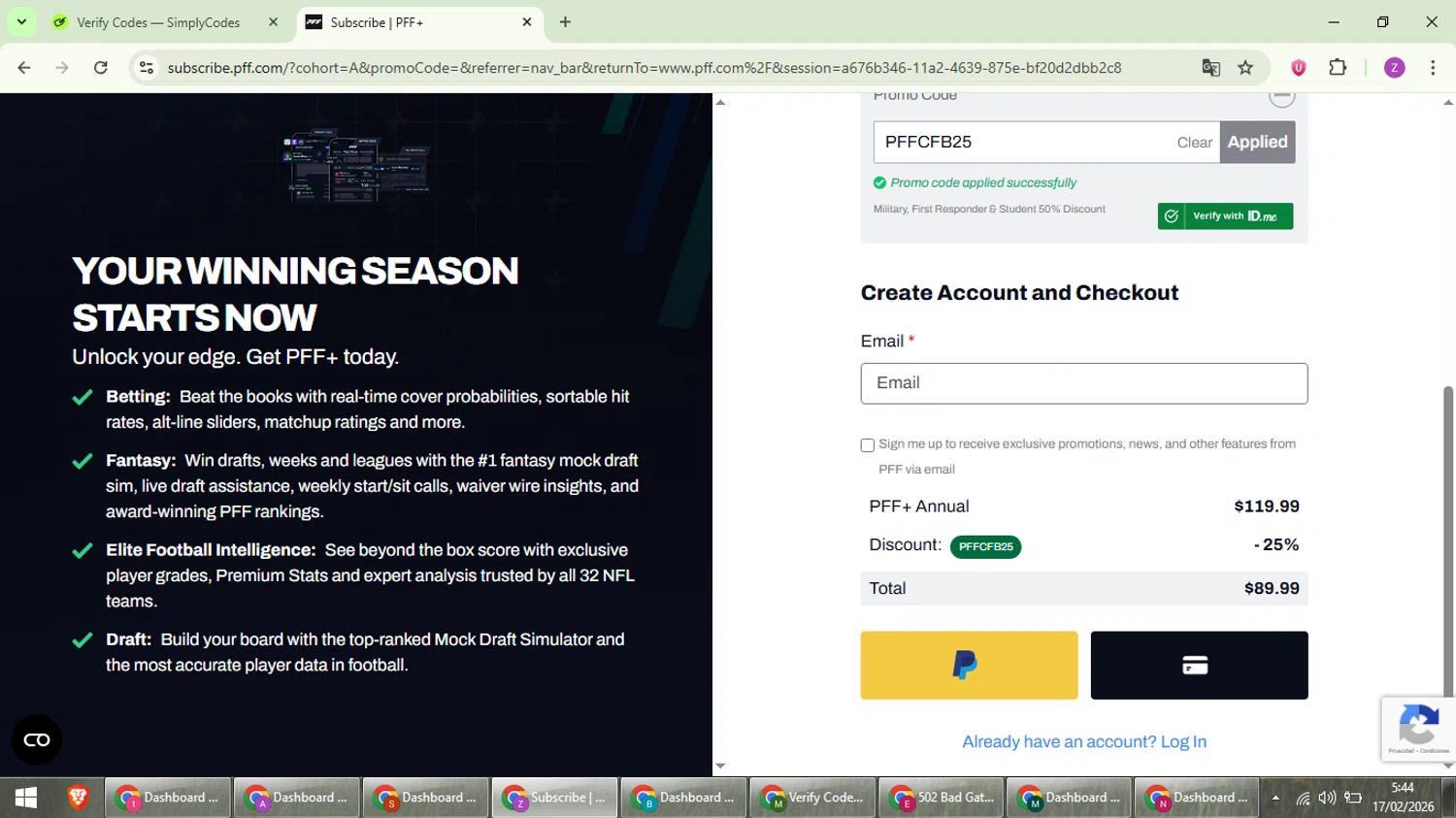 Pro Football Focus checkout page showing Pro Football Focus promo code box | Screenshot taken by SimplyCodes community member on Feb 17, 2026