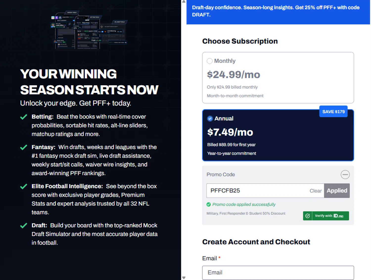 Pro Football Focus promo code screenshot showing code PFFCFB25 applied at Pro Football Focus checkout page. Uploaded by SimplyCodes community member alexcoleman on Feb 13, 2026