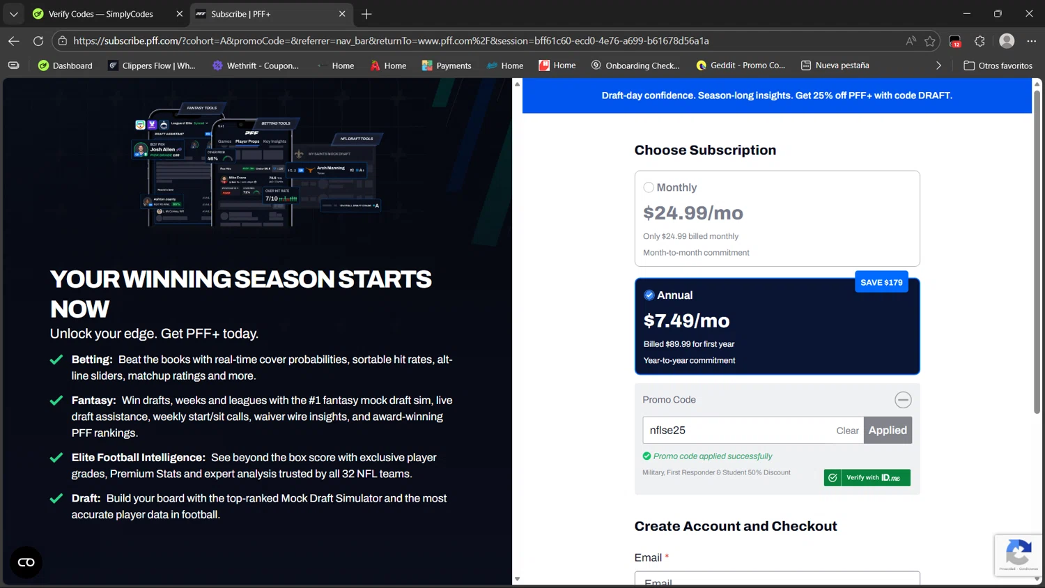 Pro Football Focus checkout page showing Pro Football Focus promo code box | Screenshot taken by SimplyCodes community member on Feb 17, 2026