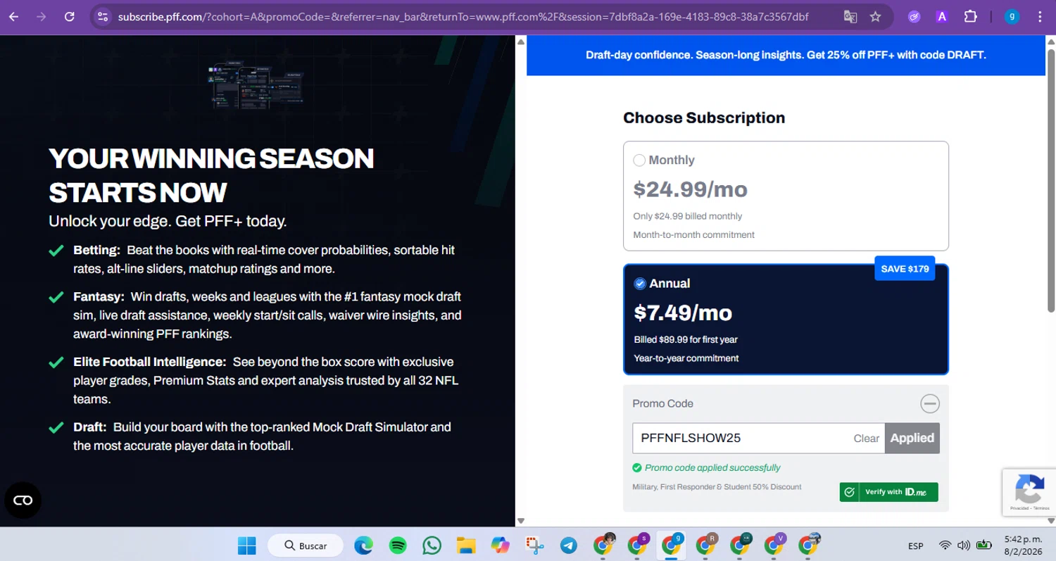 Pro Football Focus promo code screenshot showing code PFFNFLSHOW25 applied at Pro Football Focus checkout page. Uploaded by SimplyCodes community member FrugalVirtuoso6318 on Feb 8, 2026