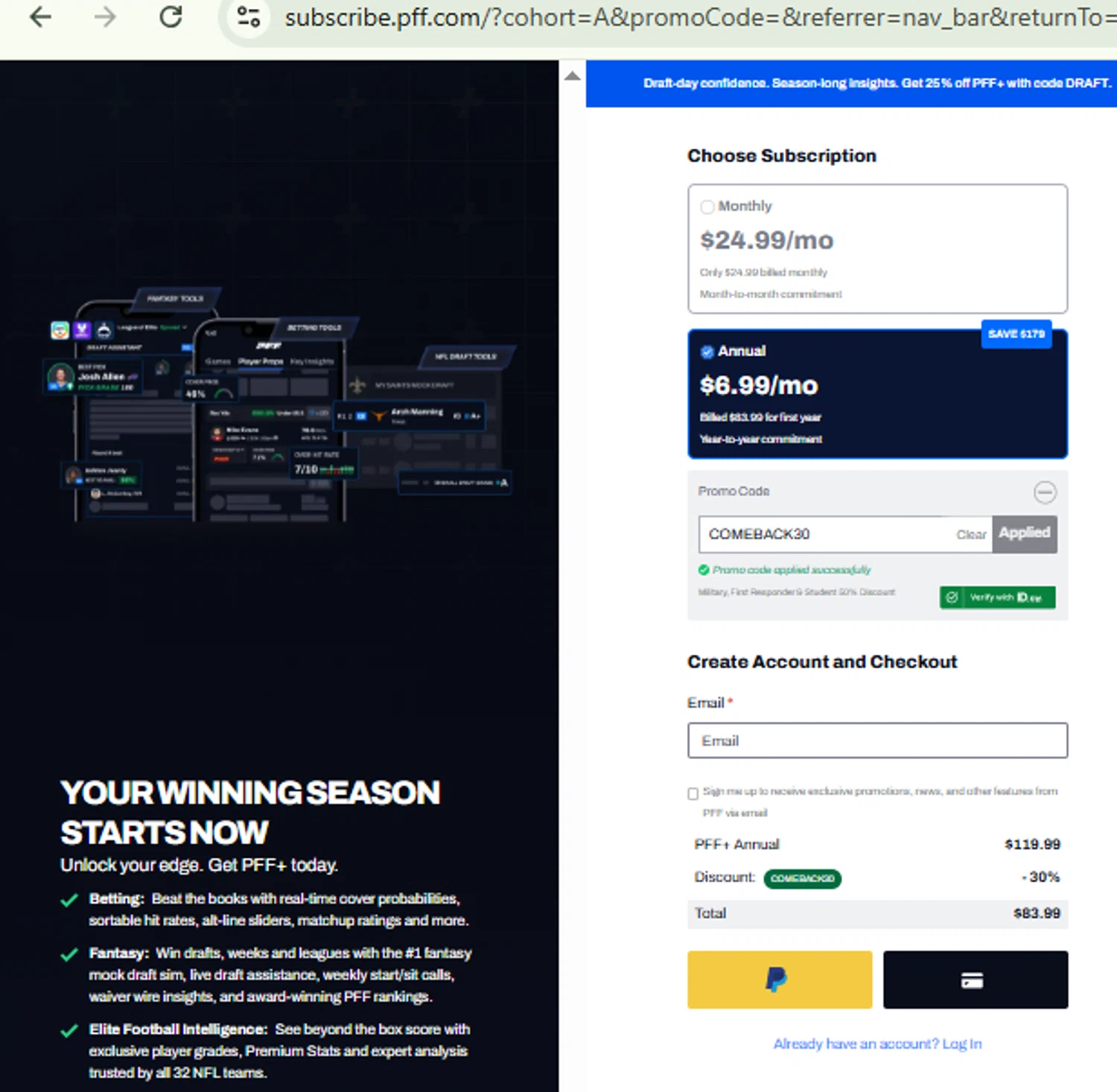 Pro Football Focus checkout page showing Pro Football Focus promo code box | Screenshot taken by SimplyCodes community member on Feb 8, 2026