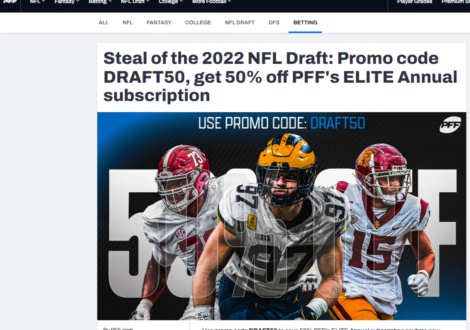Pro Football Focus promo code screenshot showing code DRAFT50 applied at Pro Football Focus checkout page. Uploaded by SimplyCodes community member Loki_Odinson on Jun 5, 2026