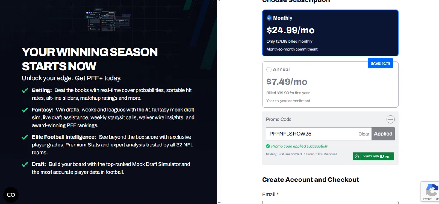 Pro Football Focus promo code screenshot showing code PFFNFLSHOW25 applied at Pro Football Focus checkout page. Uploaded by SimplyCodes community member juanisaac on Jan 17, 2026