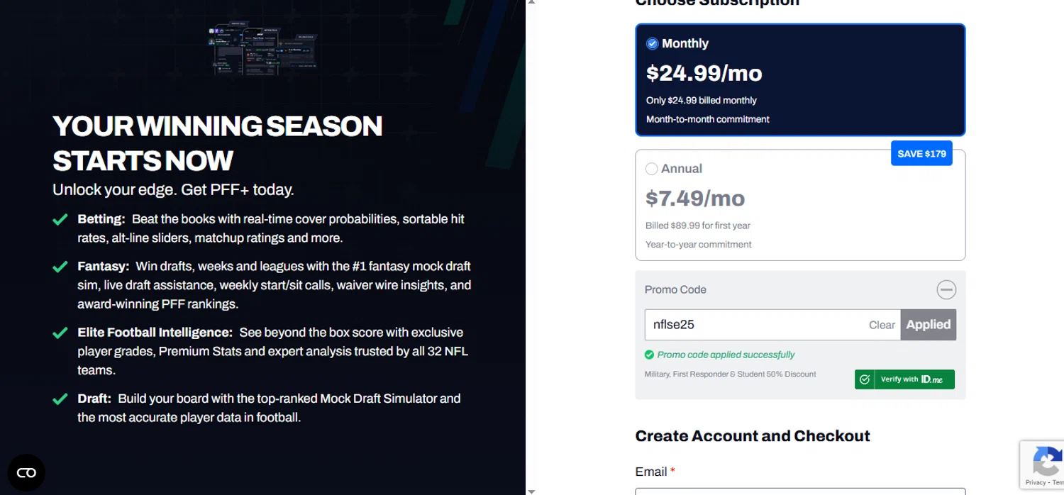 Pro Football Focus promo code screenshot showing code nflse25 applied at Pro Football Focus checkout page. Uploaded by SimplyCodes community member juanisaac on Jan 17, 2026