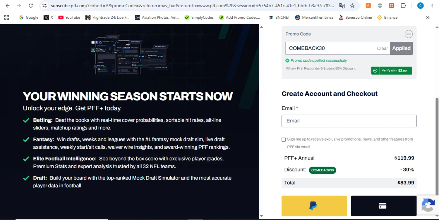 Pro Football Focus promo code screenshot showing code COMEBACK30 applied at Pro Football Focus checkout page. Uploaded by SimplyCodes community member victor on Jun 10, 2026