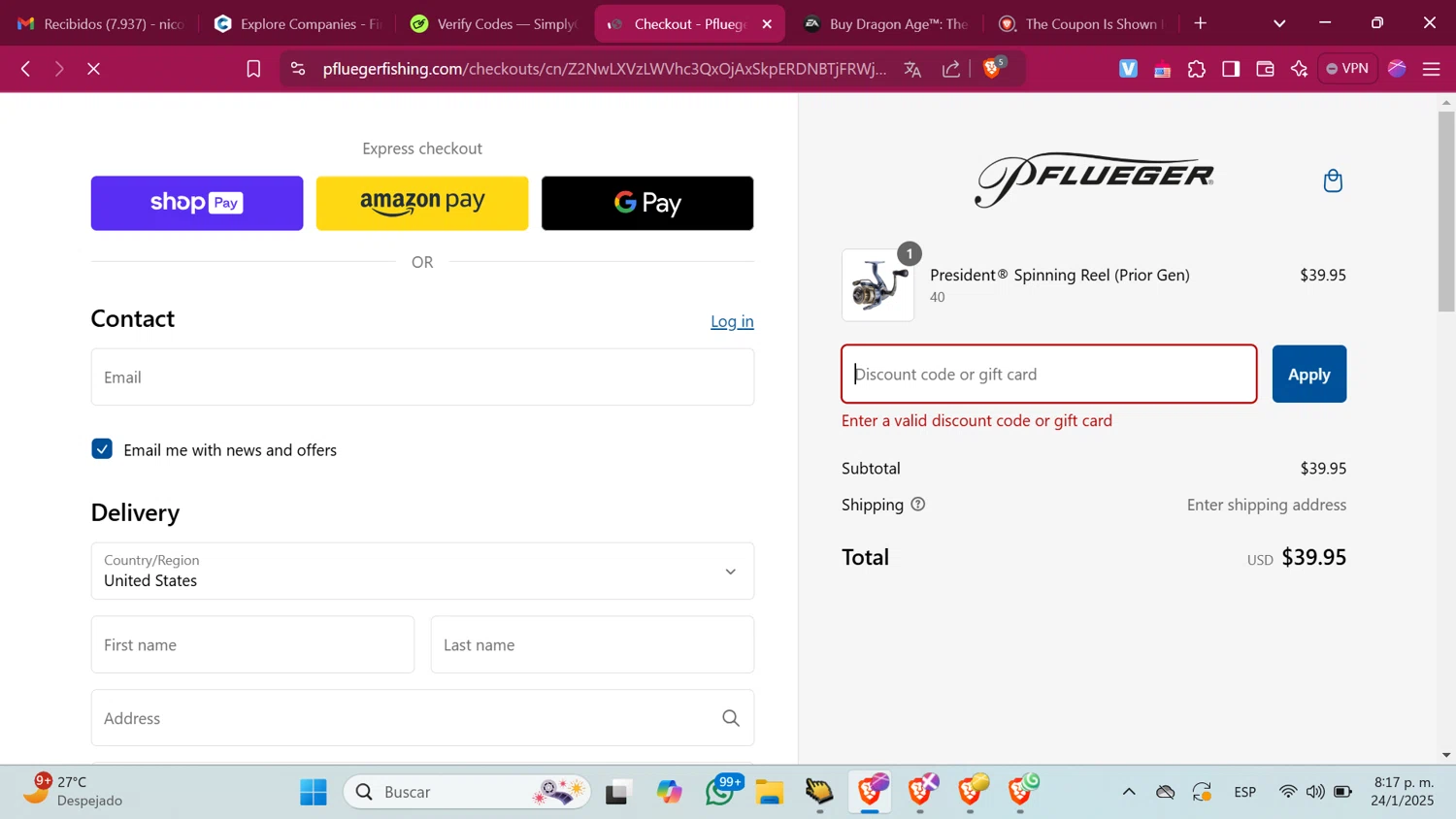 Pflueger discount code screenshot showing code laborday applied at Pflueger checkout page. Uploaded by SimplyCodes community member ShrewdMonarch4436 on Jan 25, 2025