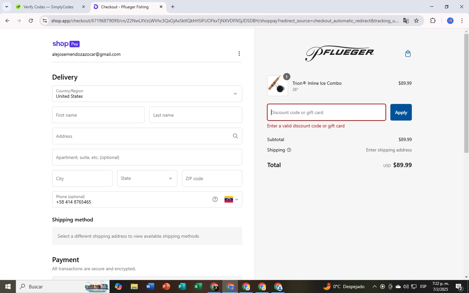 Pflueger discount code screenshot showing code WELCOMESAVE17 applied at Pflueger checkout page. Uploaded by SimplyCodes community member TheCreature on Feb 7, 2025