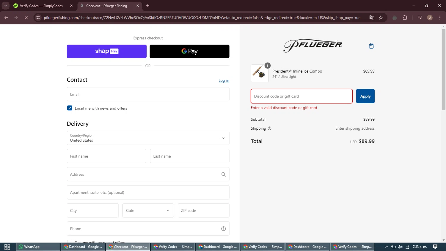 Pflueger discount code screenshot showing code WELCOMESAVE17 applied at Pflueger checkout page. Uploaded by SimplyCodes community member ShrewdAdmiral5920 on Feb 7, 2025