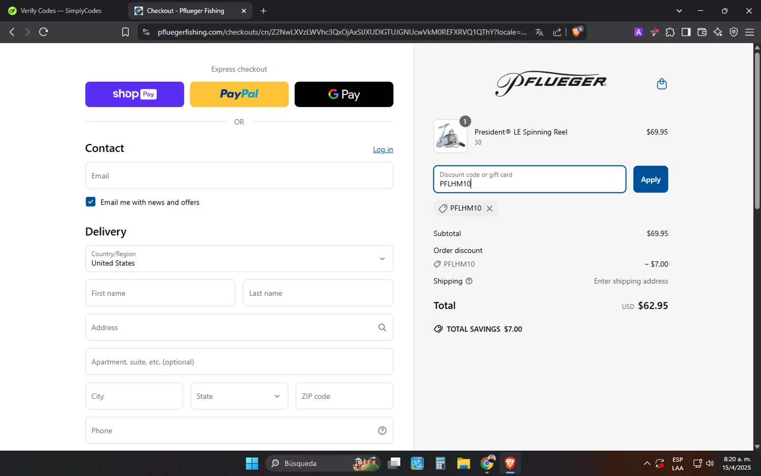 Pflueger checkout page showing Pflueger discount code box | Screenshot taken by SimplyCodes community member on Apr 15, 2025
