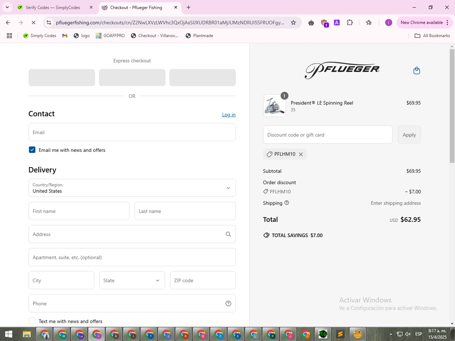 Pflueger checkout page showing Pflueger discount code box | Screenshot taken by SimplyCodes community member on Apr 15, 2025