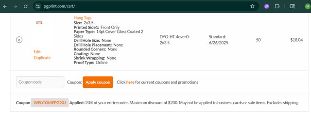 PGprint checkout page showing PGprint coupon code box | Screenshot taken by SimplyCodes community member on Jun 21, 2025