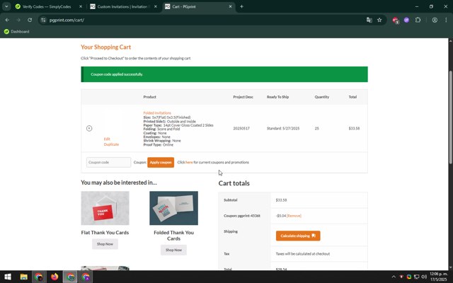 PGprint checkout page showing PGprint coupon code box | Screenshot taken by SimplyCodes community member on May 17, 2025