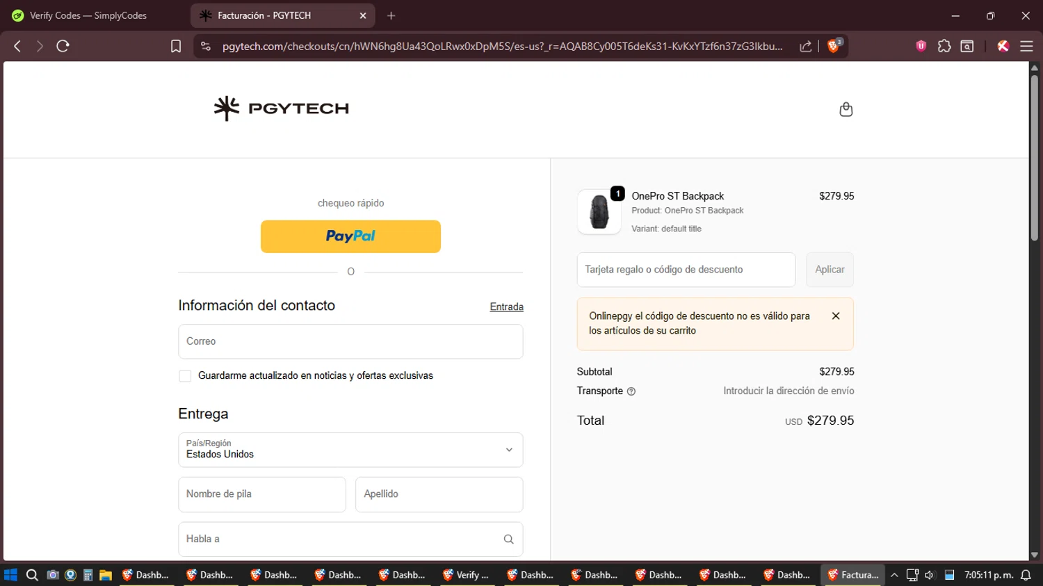 PGYTECH promo code screenshot showing code ONLINEPGY applied at PGYTECH checkout page. Uploaded by SimplyCodes community member JhonatanGomez on Dec 21, 2025