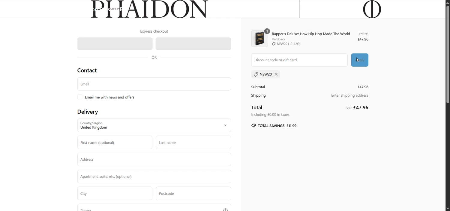 Phaidon discount code screenshot showing code NEW20 applied at Phaidon checkout page. Uploaded by SimplyCodes community member Raibelys_18 on Jun 7, 2025