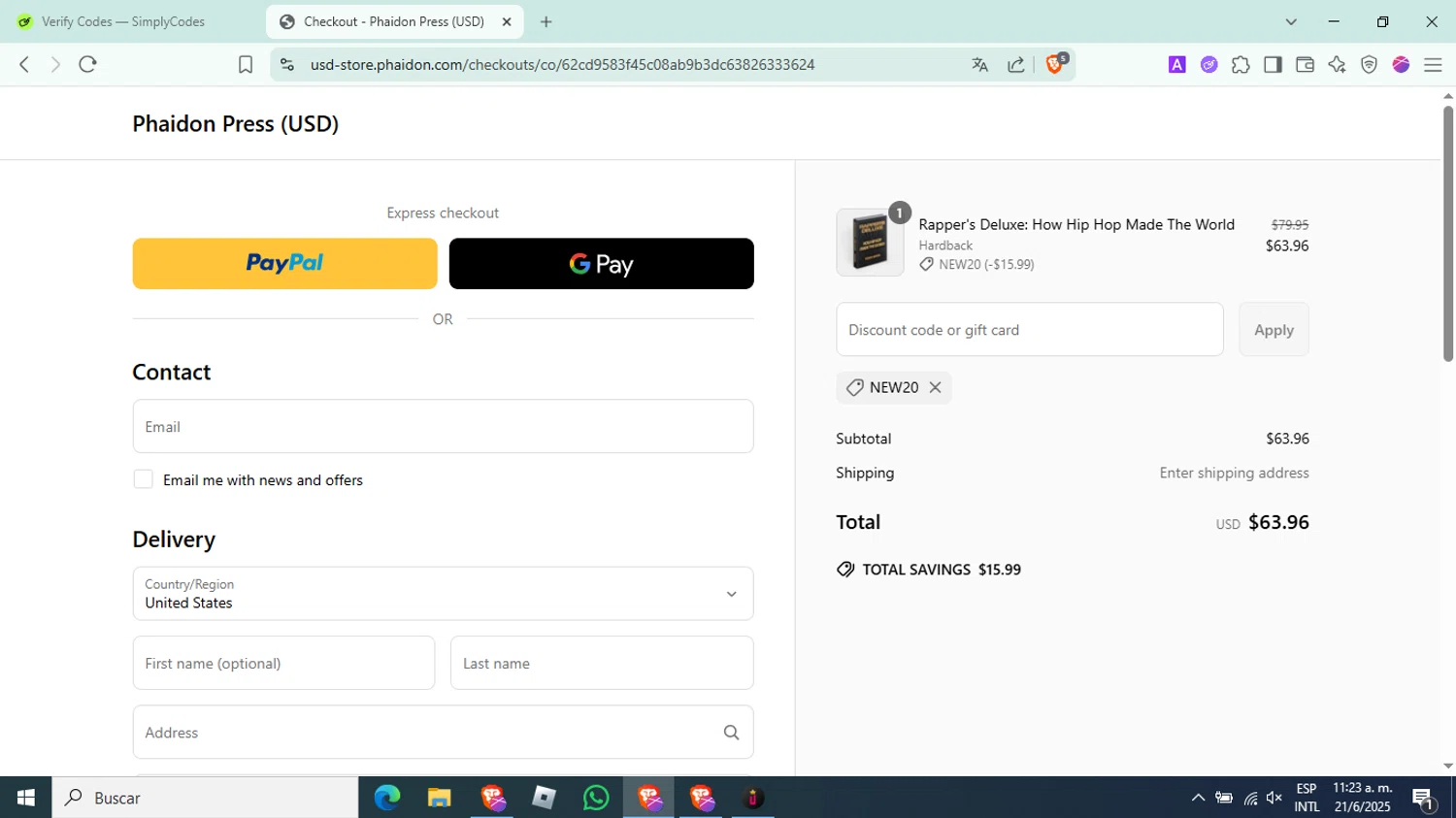 Phaidon discount code screenshot showing code NEW20 applied at Phaidon checkout page. Uploaded by SimplyCodes community member Scottcawthon on Jun 21, 2025