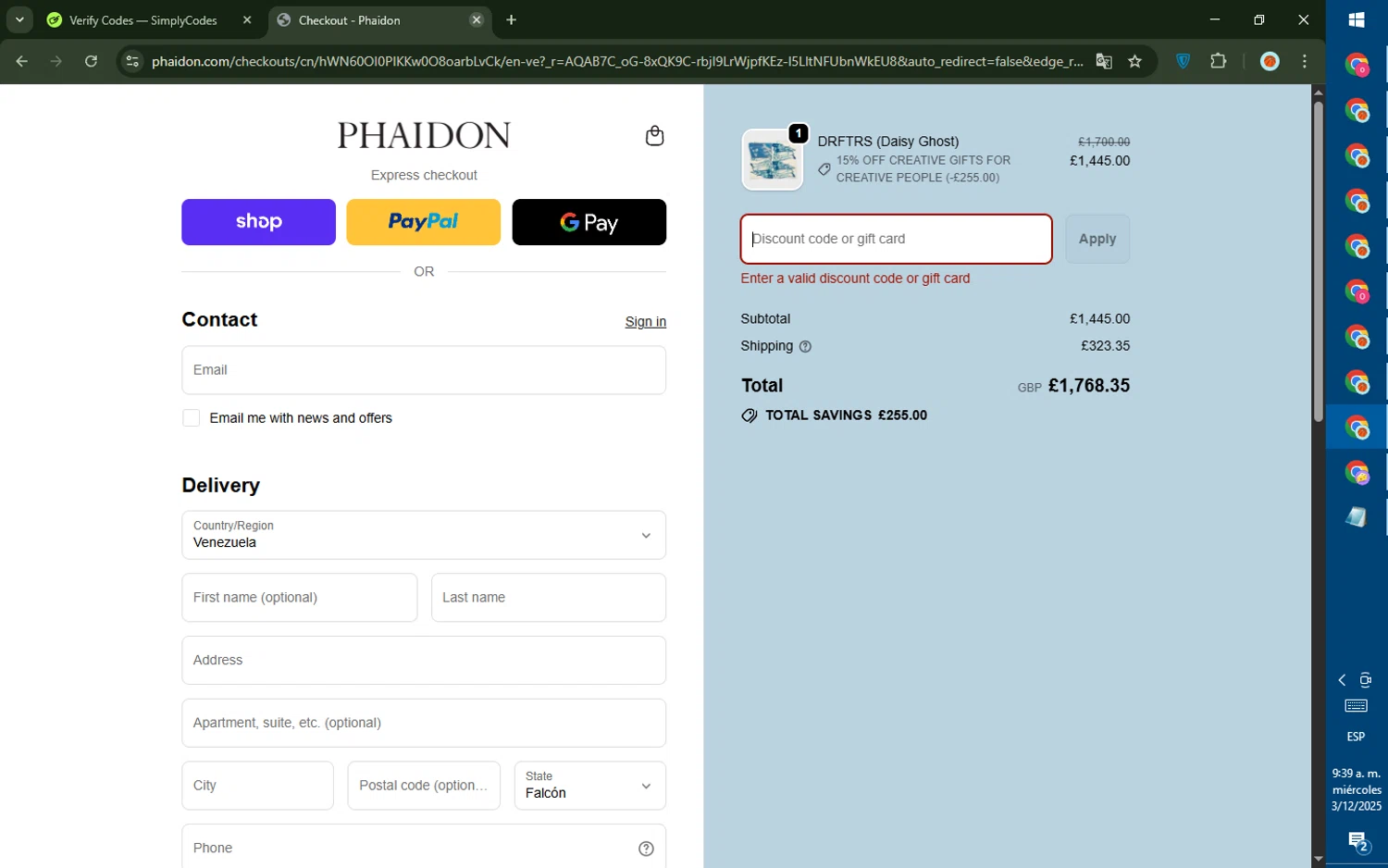 Phaidon discount code screenshot showing code HOUSEWARMING applied at Phaidon checkout page. Uploaded by SimplyCodes community member DealTiger9869 on Dec 3, 2025