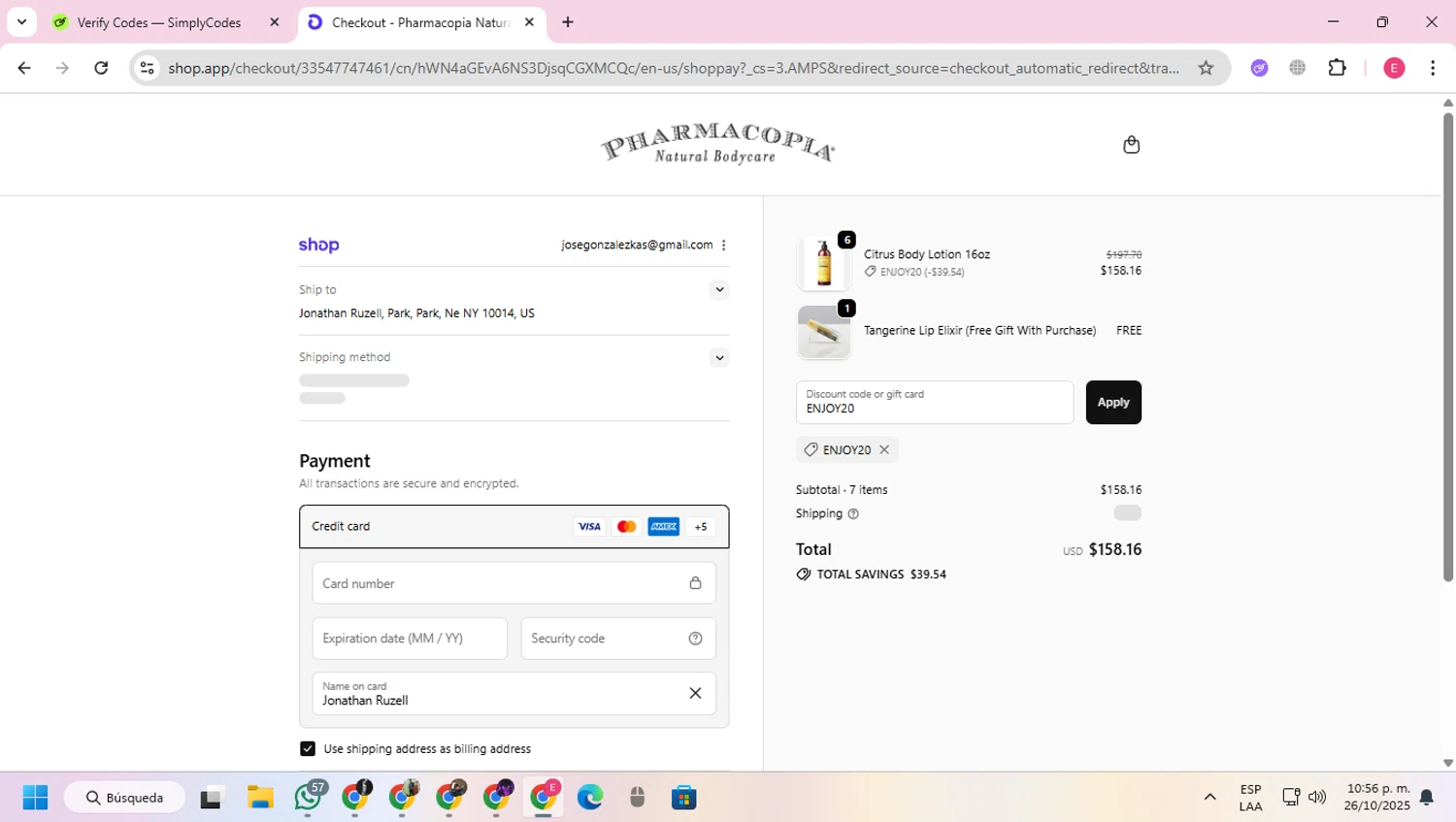 Pharmacopia promo code screenshot showing code ENJOY20 applied at Pharmacopia checkout page. Uploaded by SimplyCodes community member VoucherExpert2930 on Oct 27, 2025
