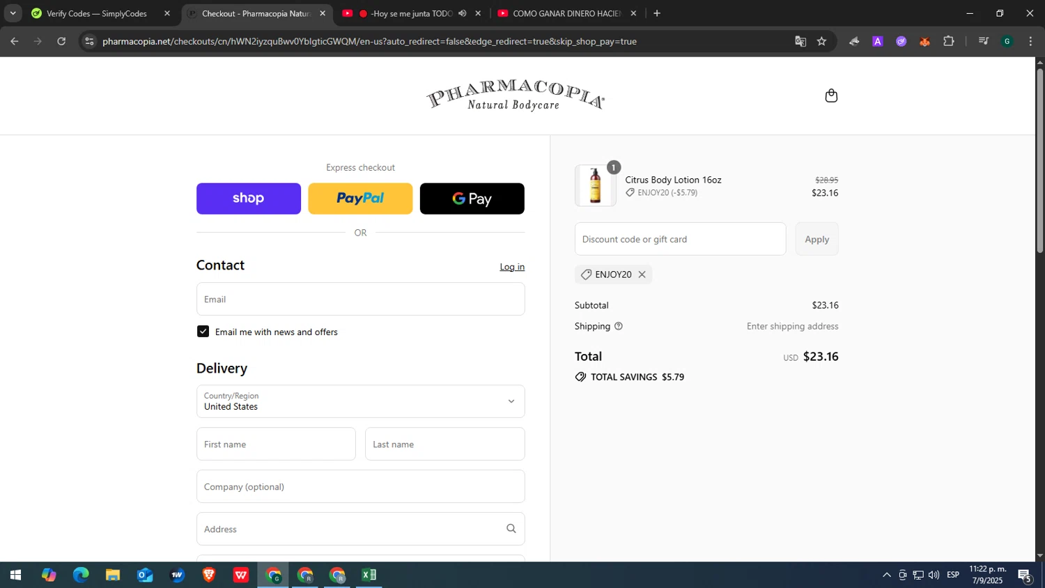 Pharmacopia promo code screenshot showing code ENJOY20 applied at Pharmacopia checkout page. Uploaded by SimplyCodes community member yasabesssss on Sep 8, 2025