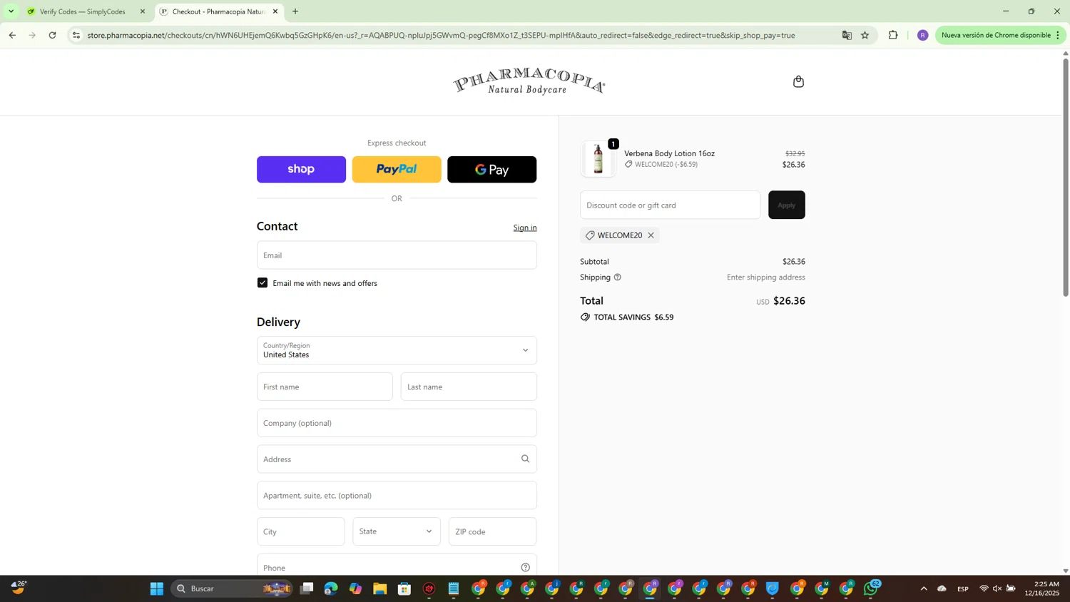 Pharmacopia promo code screenshot showing code WELCOME20 applied at Pharmacopia checkout page. Uploaded by SimplyCodes community member CouponBoss4754 on Dec 16, 2025