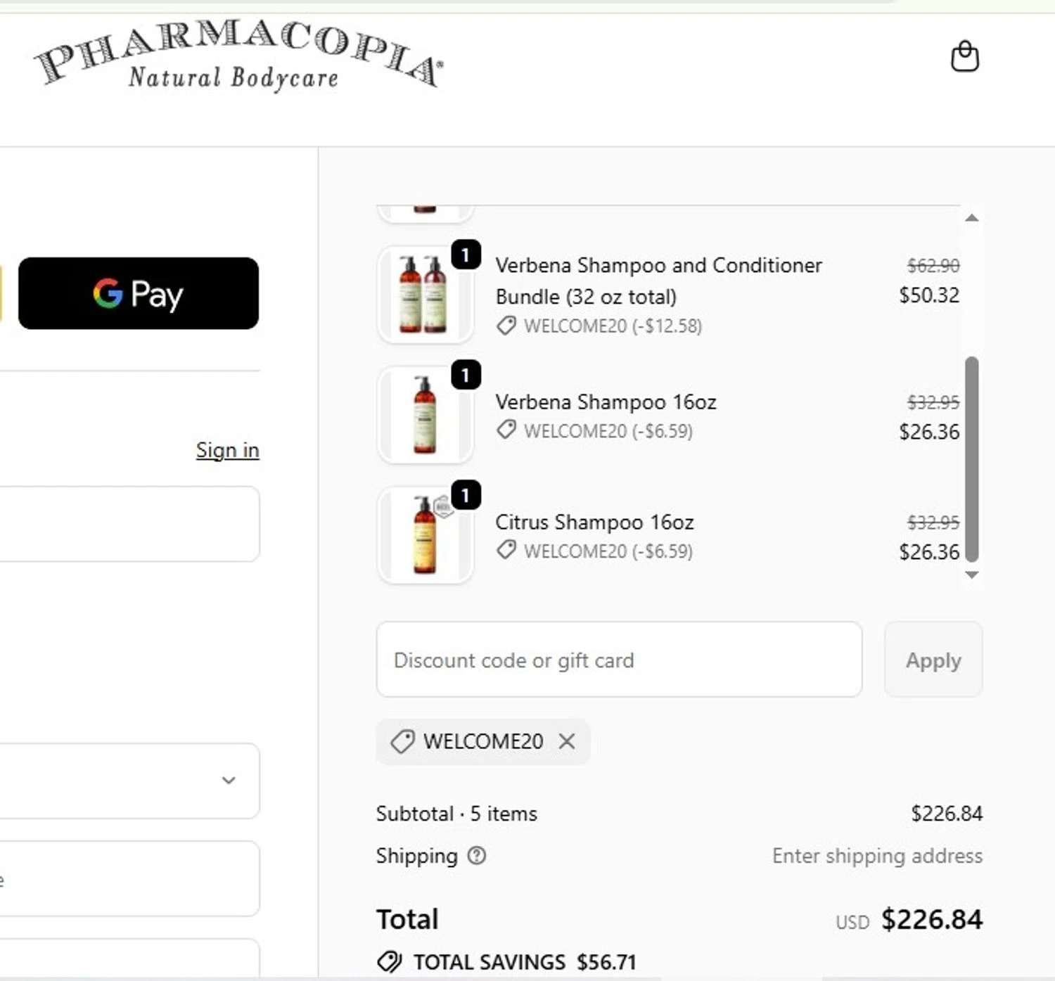 Pharmacopia promo code screenshot showing code WELCOME20 applied at Pharmacopia checkout page. Uploaded by SimplyCodes community member PromoPhoenix1566 on Nov 24, 2025