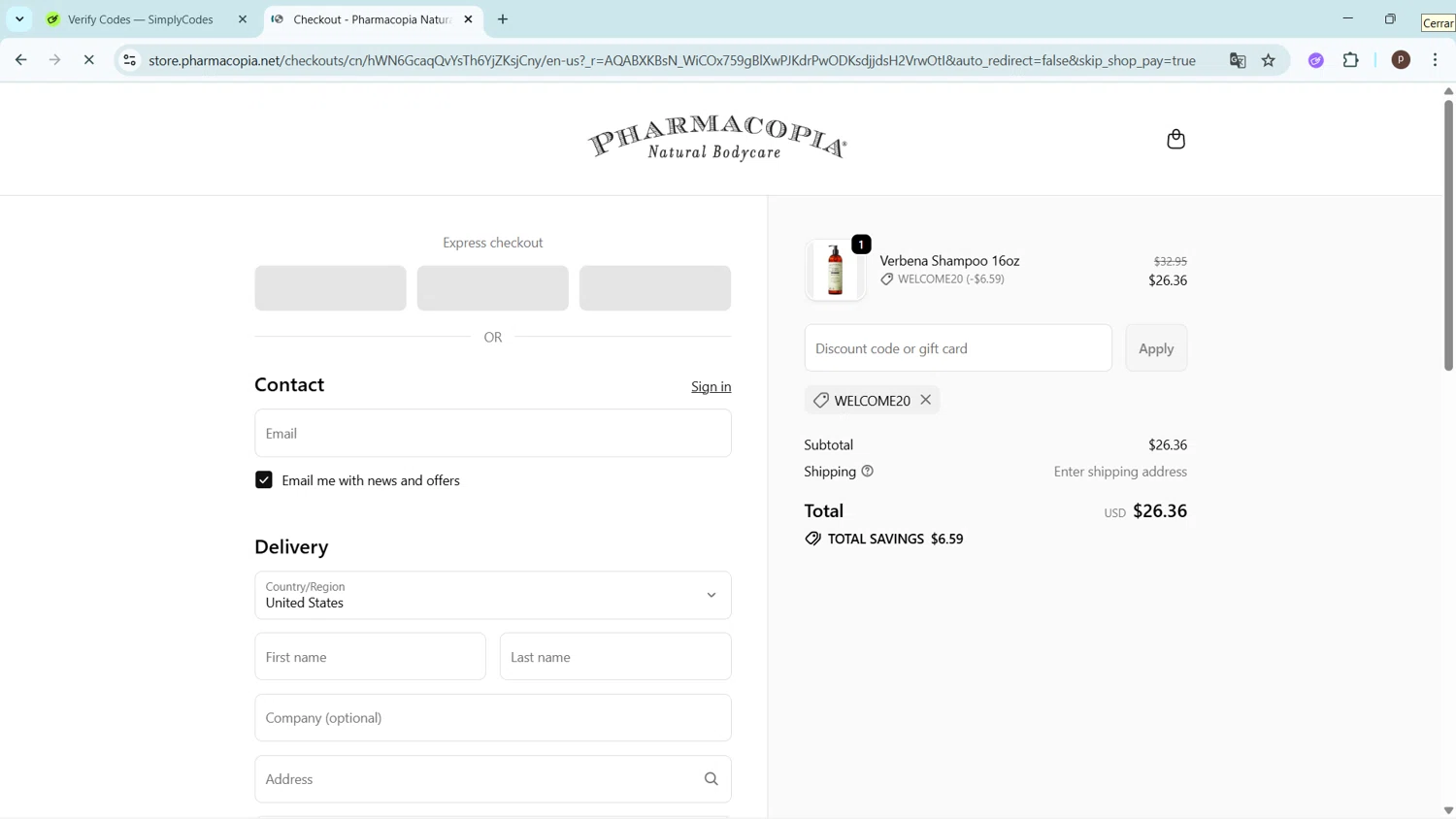 Pharmacopia promo code screenshot showing code WELCOME20 applied at Pharmacopia checkout page. Uploaded by SimplyCodes community member ShrewdPro2243 on Dec 10, 2025