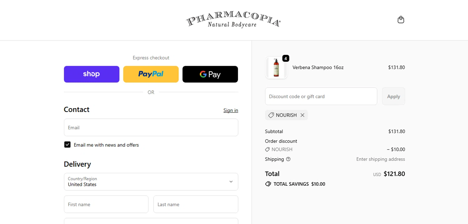 Pharmacopia promo code screenshot showing code NOURISH applied at Pharmacopia checkout page. Uploaded by SimplyCodes community member MagnificentCurator5441 on Oct 10, 2025