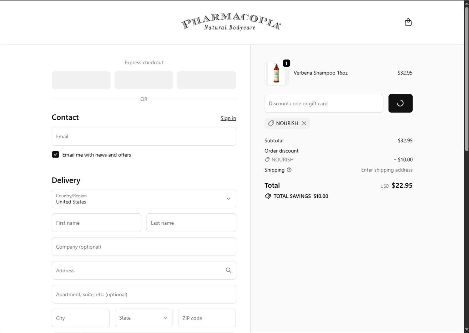 Pharmacopia promo code screenshot showing code NOURISH applied at Pharmacopia checkout page. Uploaded by SimplyCodes community member SalePhoenix2220 on Nov 24, 2025