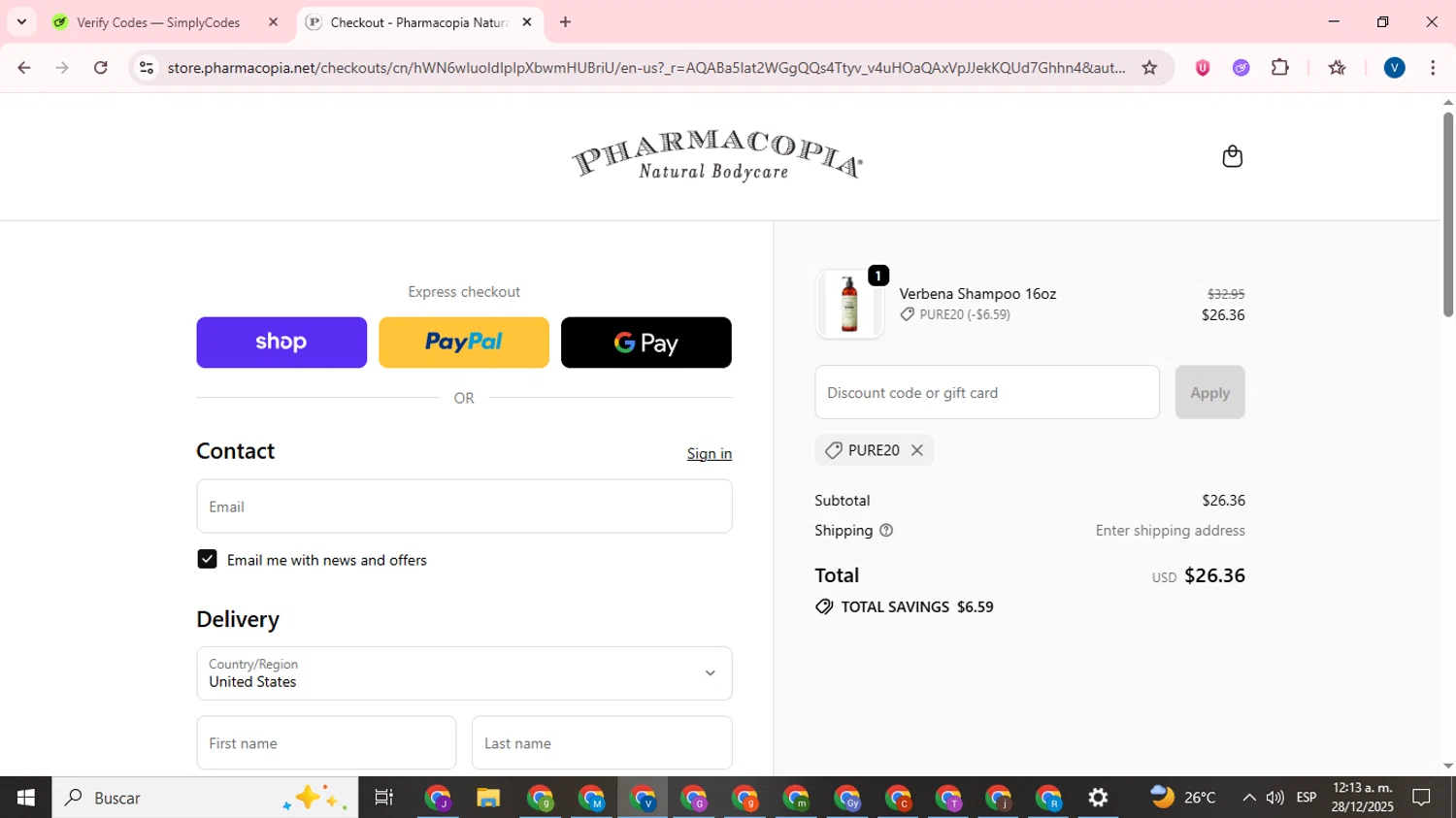 Pharmacopia promo code screenshot showing code Pure20 applied at Pharmacopia checkout page. Uploaded by SimplyCodes community member CrownTitan5376 on Dec 28, 2025