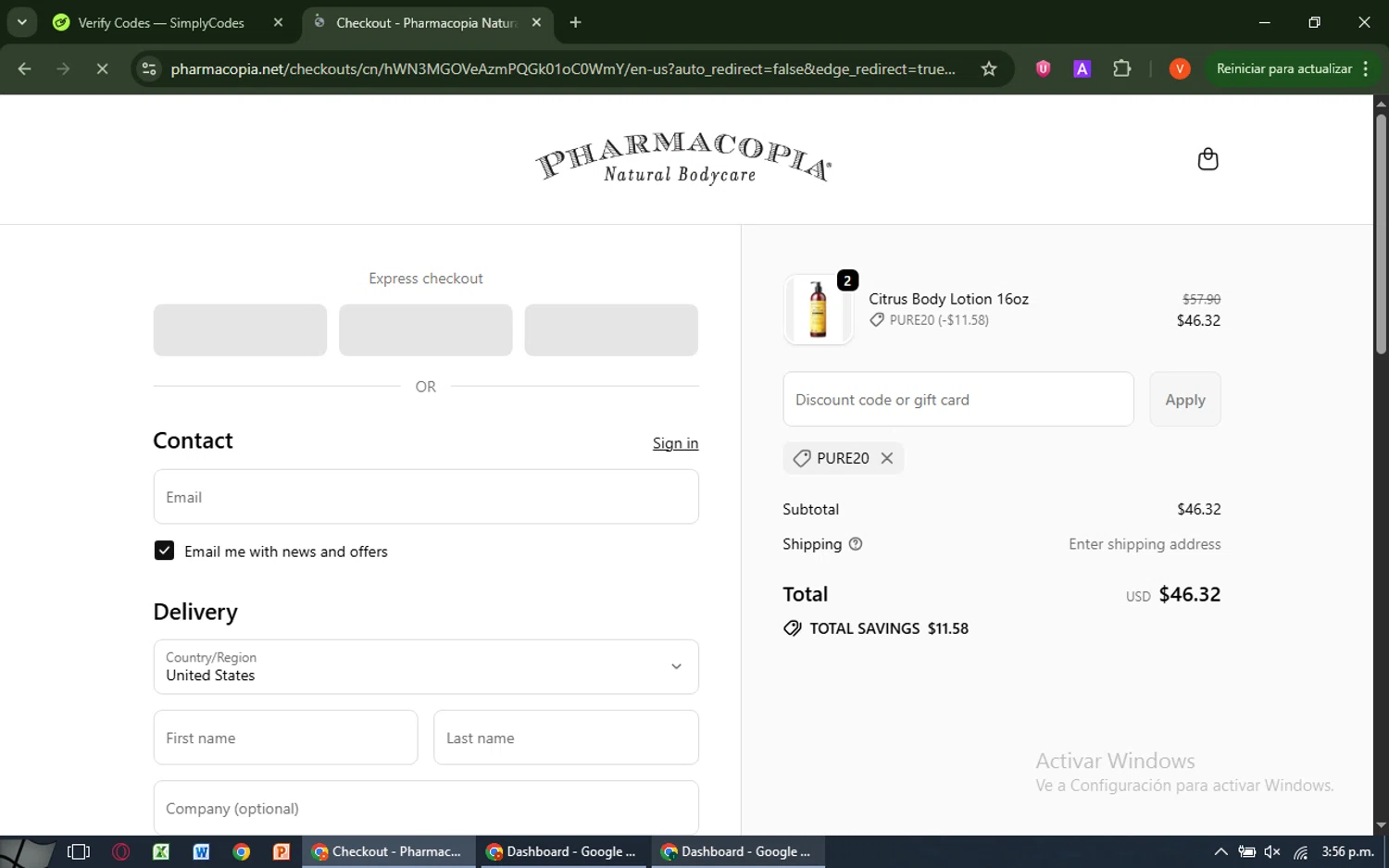 Pharmacopia promo code screenshot showing code Pure20 applied at Pharmacopia checkout page. Uploaded by SimplyCodes community member SavingsCaptain8190 on Sep 24, 2025