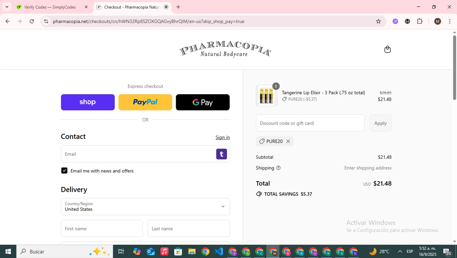 Pharmacopia promo code screenshot showing code Pure20 applied at Pharmacopia checkout page. Uploaded by SimplyCodes community member WonderWizard9060 on Sep 16, 2025